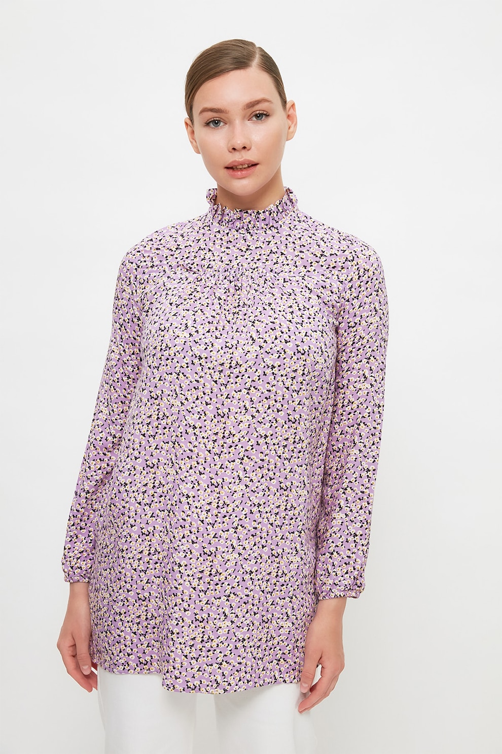 Trendyol, Bluza tip tunica cu pliuri, Lila/Negru/Alb prafuit