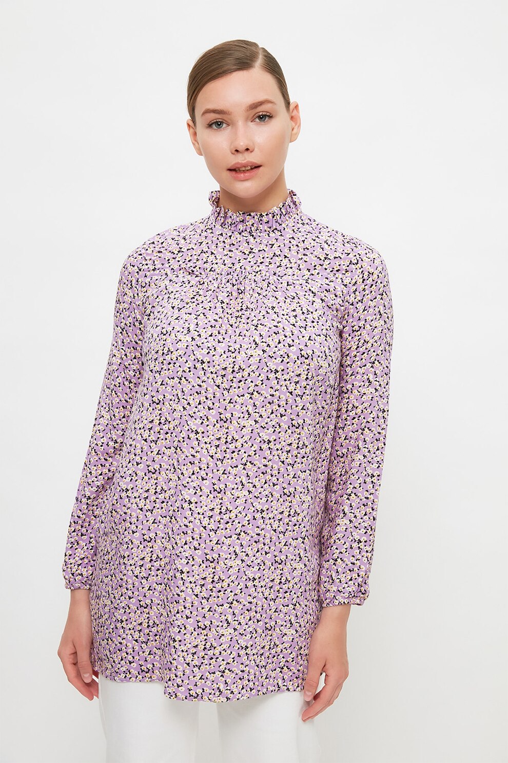 Trendyol, Bluza tip tunica cu pliuri, Lila/Negru/Alb prafuit