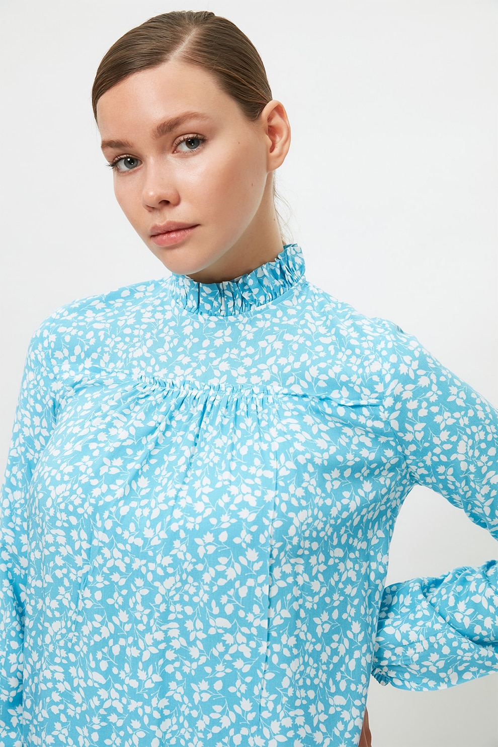 Trendyol, Bluza tip tunica cu pliuri, Bleu/Alb