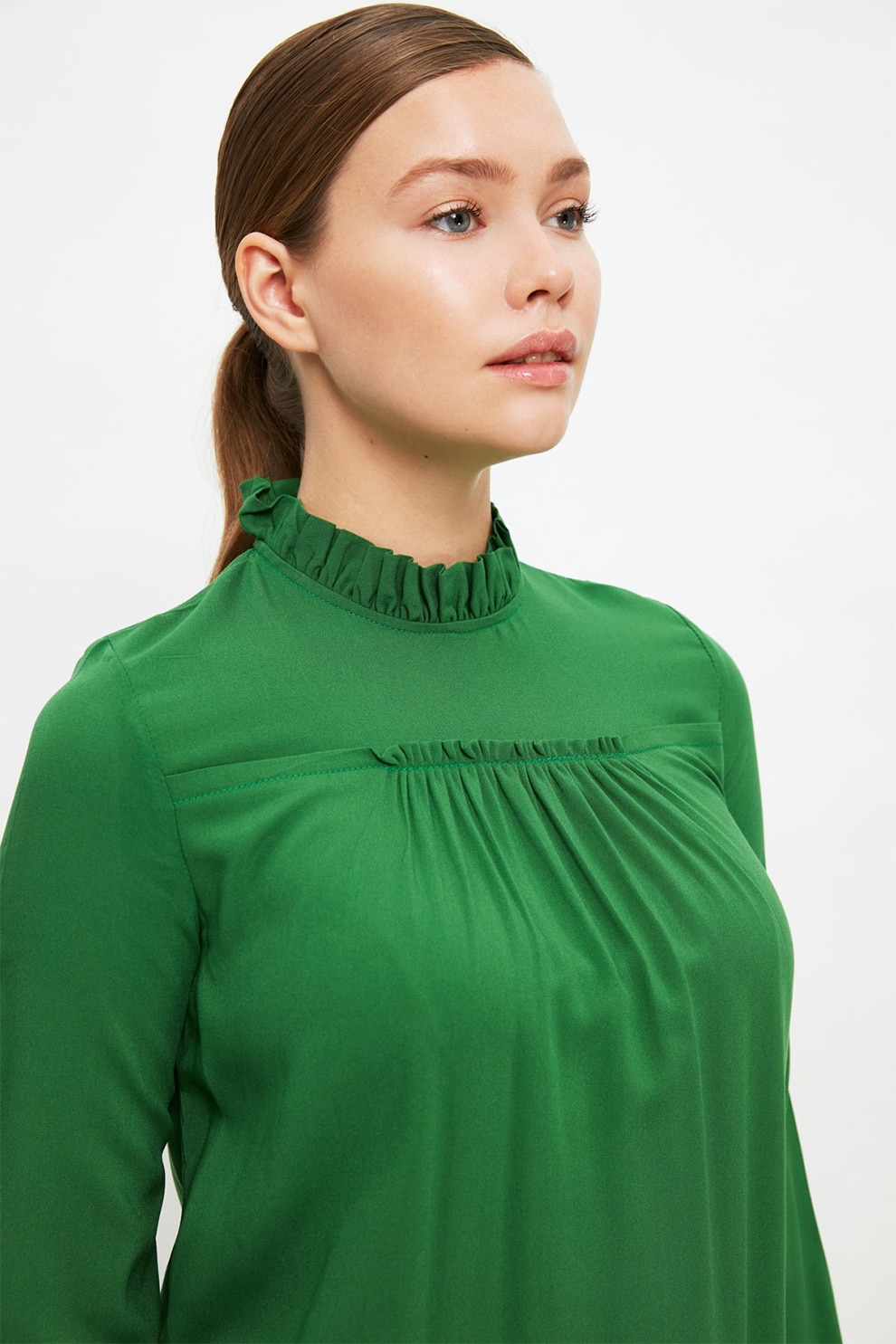 Trendyol, Bluza tip tunica cu pliuri, Verde