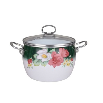 Oala Emailata din Otel, Capac Sticla, Manere Inox, Zephyr, 5.8 L, Model Floral, Design German Oala Emailata din Otel, Capac Sticla, Manere Inox, Zephyr, 5.8 L, Model Floral, Design German