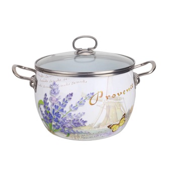 Oala Emailata din Otel, Capac Sticla, Manere Inox, Zephyr, 5.8 L, Model Floral Levantica, Design German Oala Emailata din Otel, Capac Sticla, Manere Inox, Zephyr, 5.8 L, Model Floral Levantica, Design German