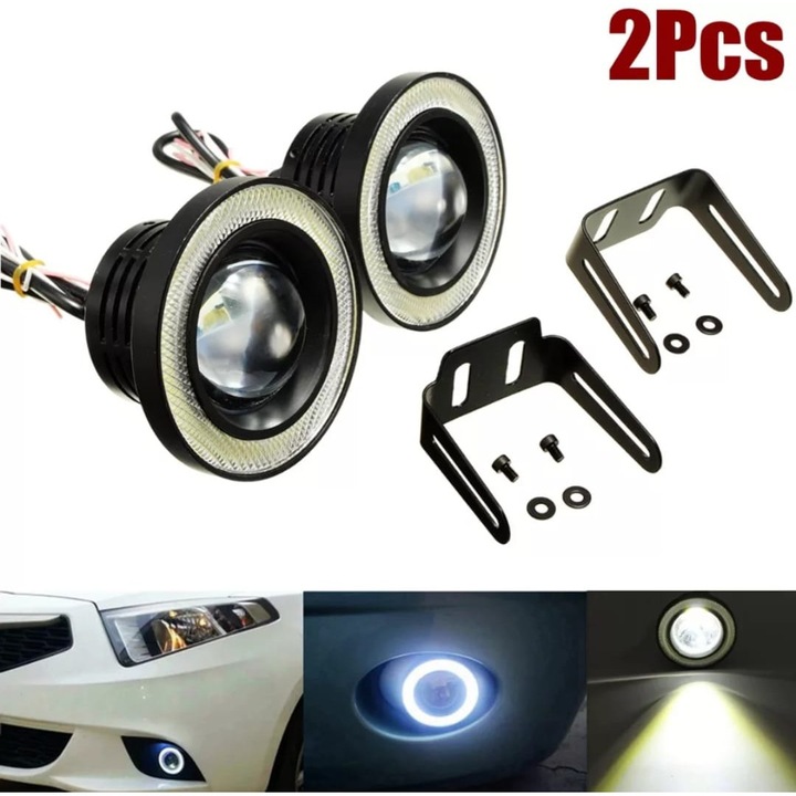 Set 2 Proiectoare LED cu Lupa si Angel Eyes 76mm AutoREY®, 12V, 10W, 3200 Lumeni, Rezistenta IP65, Iluminare 200m/50m, Culoare Alba 6000K, pentru Auto, Moto, ATV, Off-Road, Lumina DRL, Carcasa Neagra, Performanta Durabila