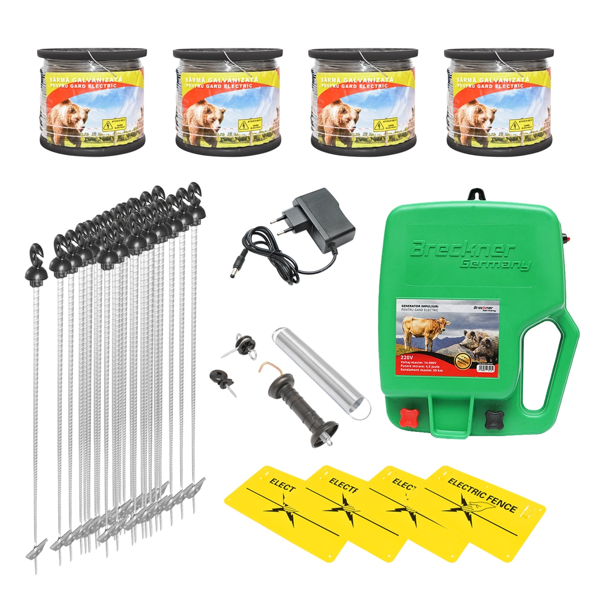 Kit complet gard electric 220V 4,5 Joule, fir sarma 2000m, 100 stalpi, kit poarta, 4 placute avertizare Breckner Germany