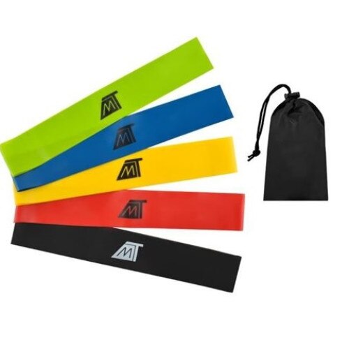 Set 5 benzi elastice rezistenta din latex, Malatec, pentru antrenament sala, fitness, yoga, pilates, gimnastica de recuperare, 5 niveluri de dificultate, saculet inclus