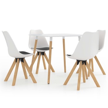 Set de masa de bucatarie cu blat alb si 4 scaune tapitate cu piele ecologica, vidaXL, Piele artificiala, 80 x 80 x 75 cm, Alb