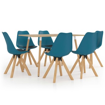 Set mobilier de bucatarie cu 1 masa si 6 scaune cu sezut tapitat, vidaXL, Piele artificiala, 120 x 60 x 75 cm, Turcoaz