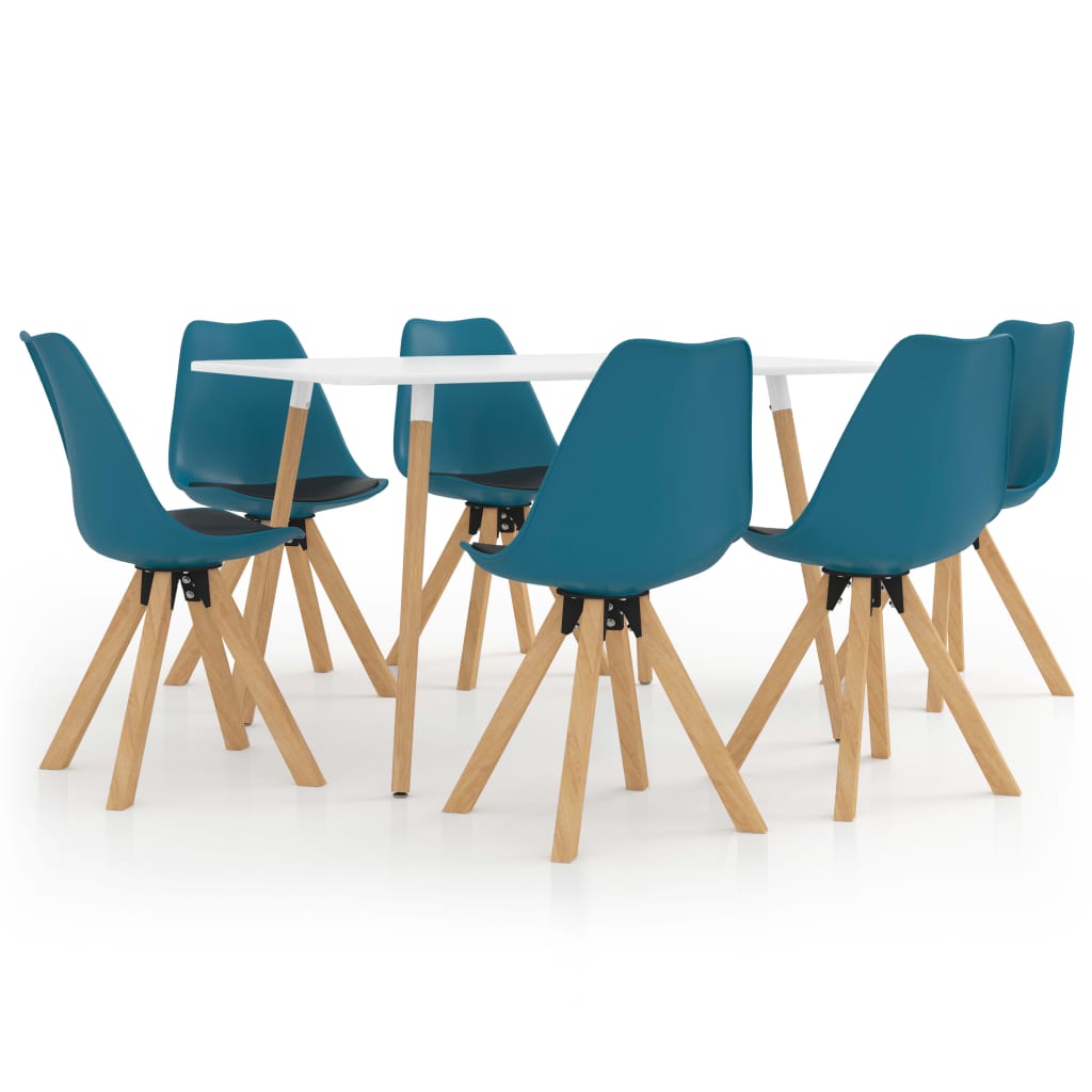 Set mobilier de bucatarie cu 1 masa cu blat alb si 6 scaune cu sezut tapitat, vidaXL, Piele artificiala, 120 x 60 x 75 cm, Turcoaz/Negru