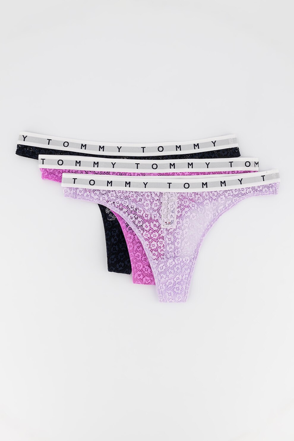 Tommy Hilfiger, Set de chiloti tanga cu logo in talie - 3 perechi, Negru/Lila/Albastru azur