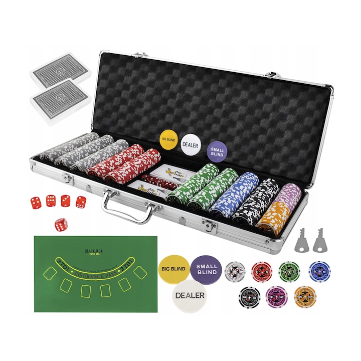 Покер комплект Iso Poker с 500 чипа, Aлуминиево куфарче (56.5 / 7 / 22 cm), Игрална повърхност