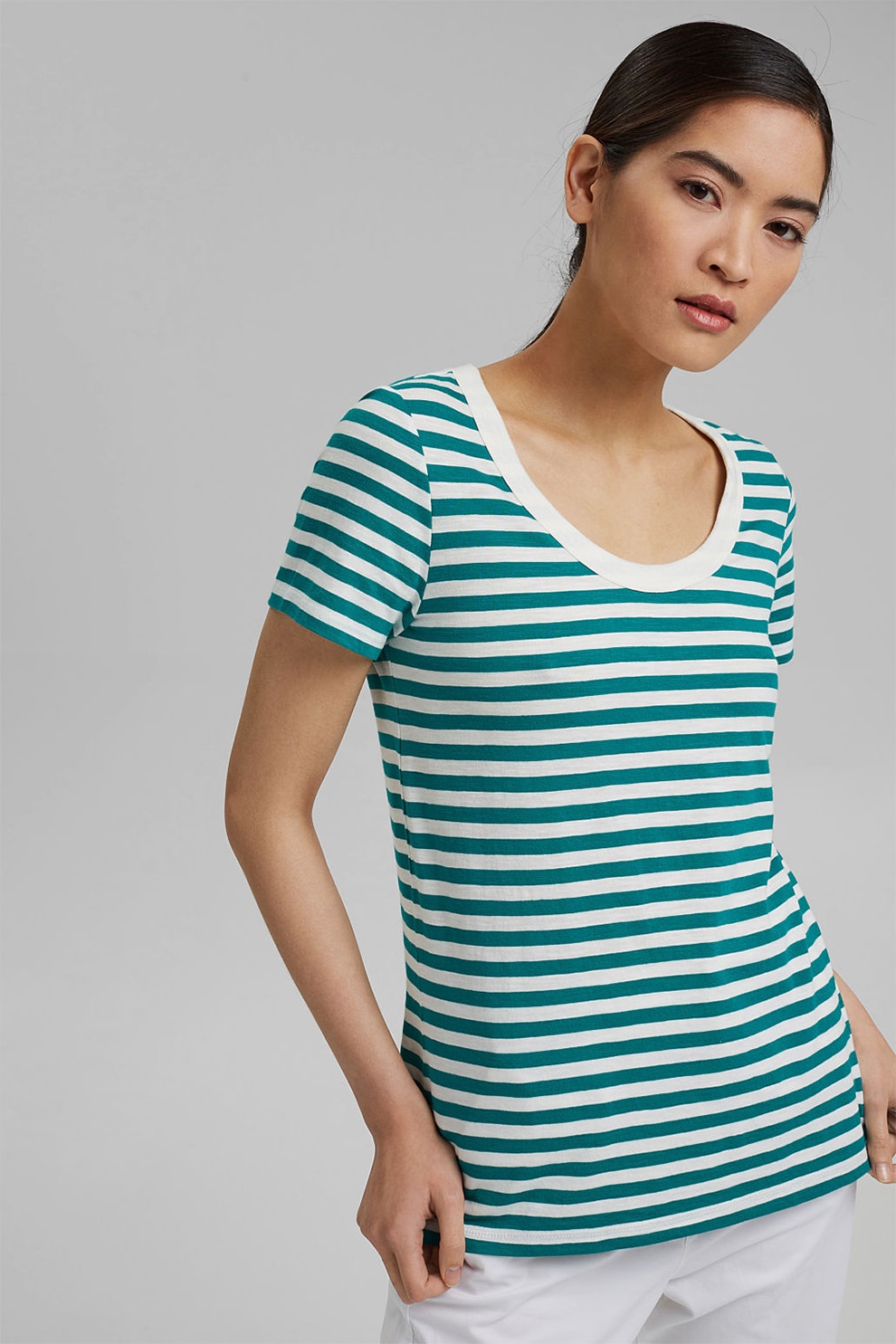 Esprit, Tricou din amestec de modal si bumbac, cu dungi, Verde persan/Alb