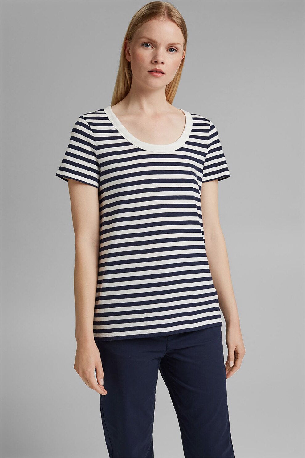 Esprit, Tricou din amestec de modal si bumbac, cu dungi, Negru/Alb