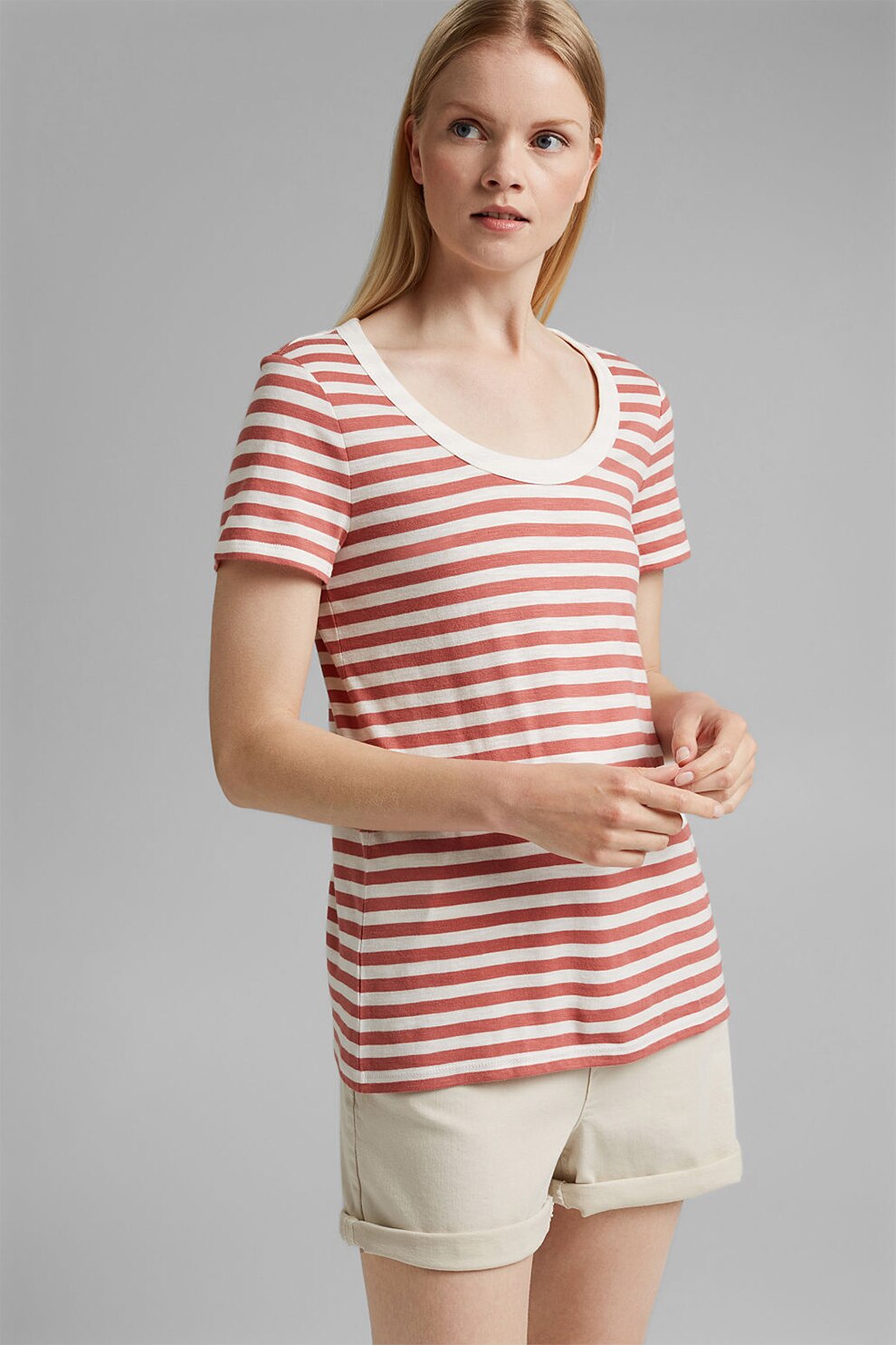 Esprit, Tricou din amestec de modal si bumbac, cu dungi, Rosu/Alb