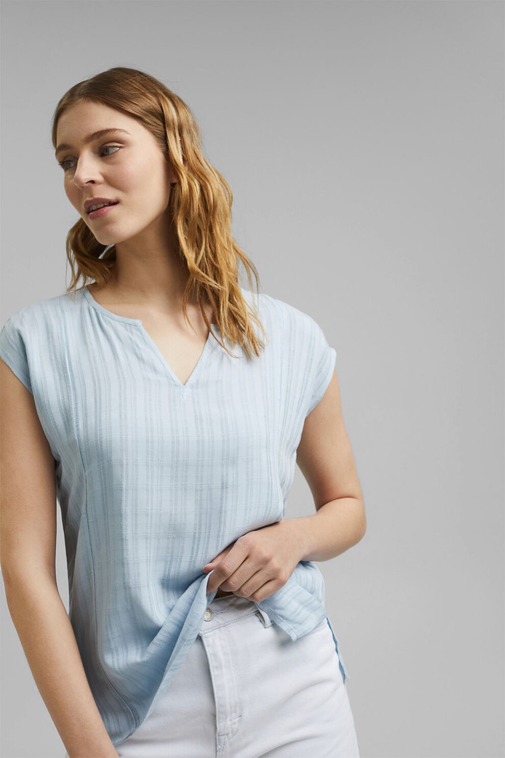 Esprit, Bluza lejera cu decupaj in V, Albastru deschis