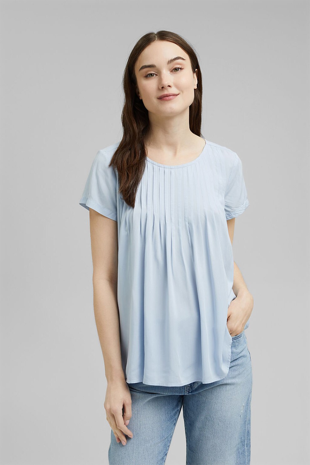 EDC by Esprit, Tricou lejer vaporos cu pliuri, Albastru deschis