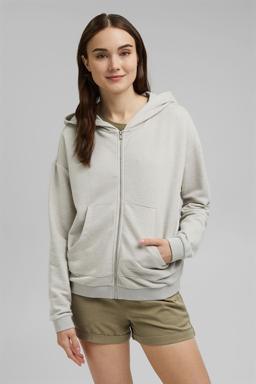 EDC by Esprit, Hanorac din amestec de bumbac organic cu fermoar, Gri deschis, XS