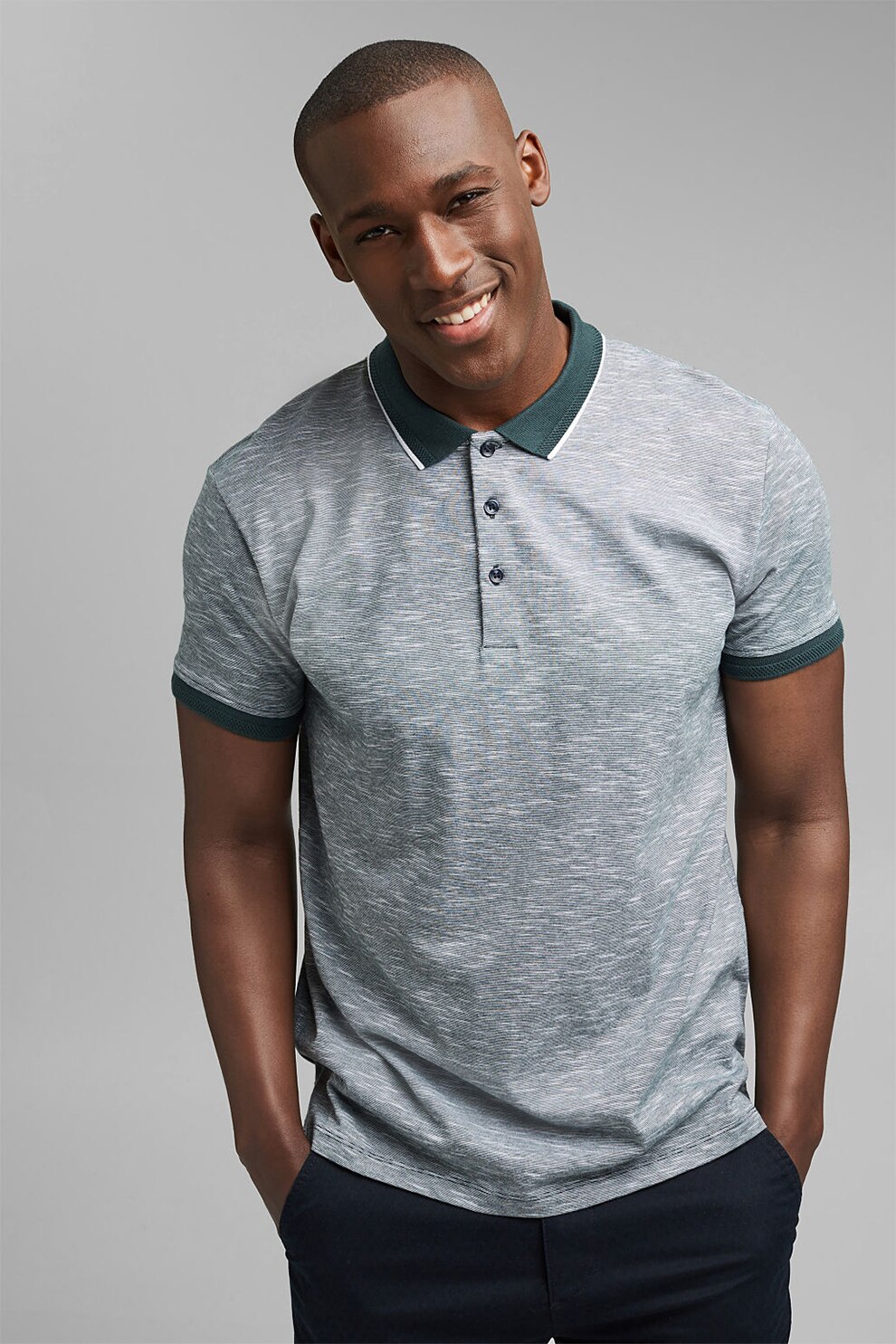 Esprit, Tricou polo de bumbac organic, Gri deschis melange, S