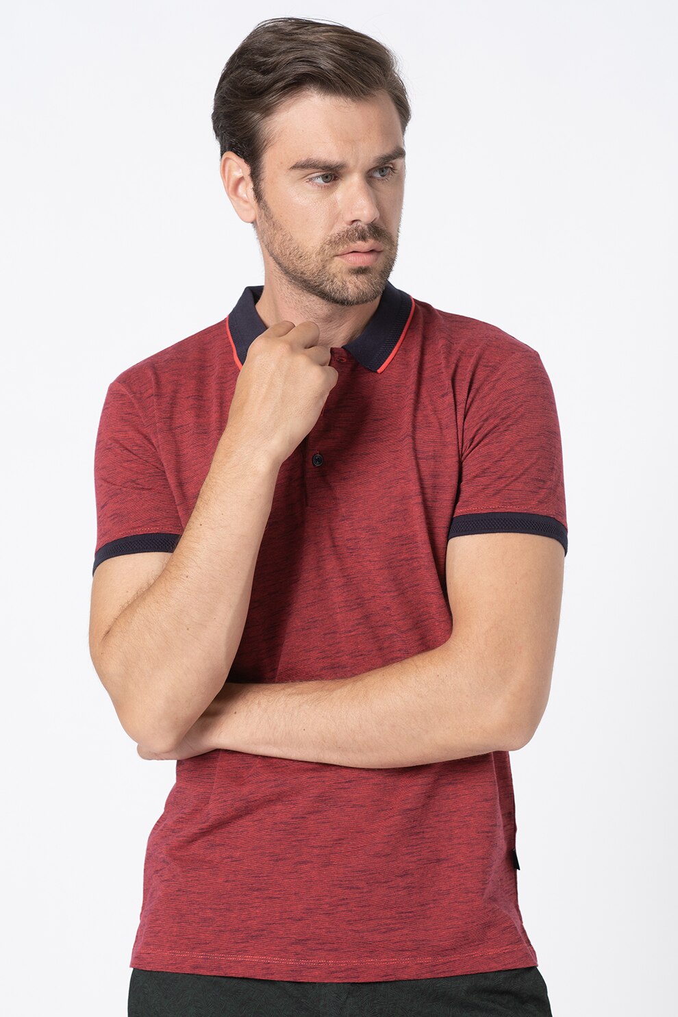 Esprit, Tricou polo de bumbac organic, Rosu melange, S