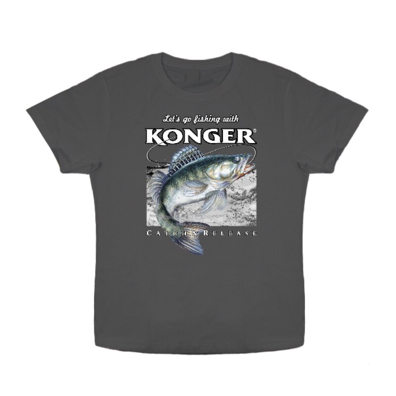 Tricou Konger pescuit cu imprimeu salau, gri, Gri inchis