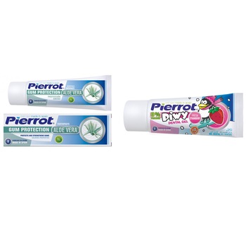 Pachet promo Pierrot: Pasta de dinti cu Aloe Vera, 75 ml + Pasta de dinti Piwy pentru copii, 30 ml Pachet promo Pierrot: Pasta de dinti cu Aloe Vera, 75 ml + Pasta de dinti Piwy pentru copii, 30 ml