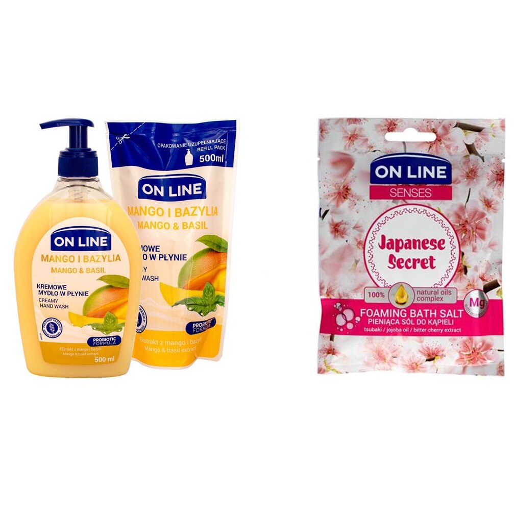 Pachet promo ON LINE: Sapun lichid mango si busuioc, 500ml + Rezerva sapun lichid mango & busuioc, 500 ml + Sare baie spumanta Japanesse Secret, 80 gr