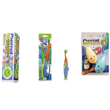 Pachet promo Pierrot: Pasta de dinti pentru copii Sharky 0% Flour, 75 ml + Periuta de dinti Sharky + Capace pentru periute Pachet promo Pierrot: Pasta de dinti pentru copii Sharky 0% Flour, 75 ml + Periuta de dinti Sharky + Capace pentru periute