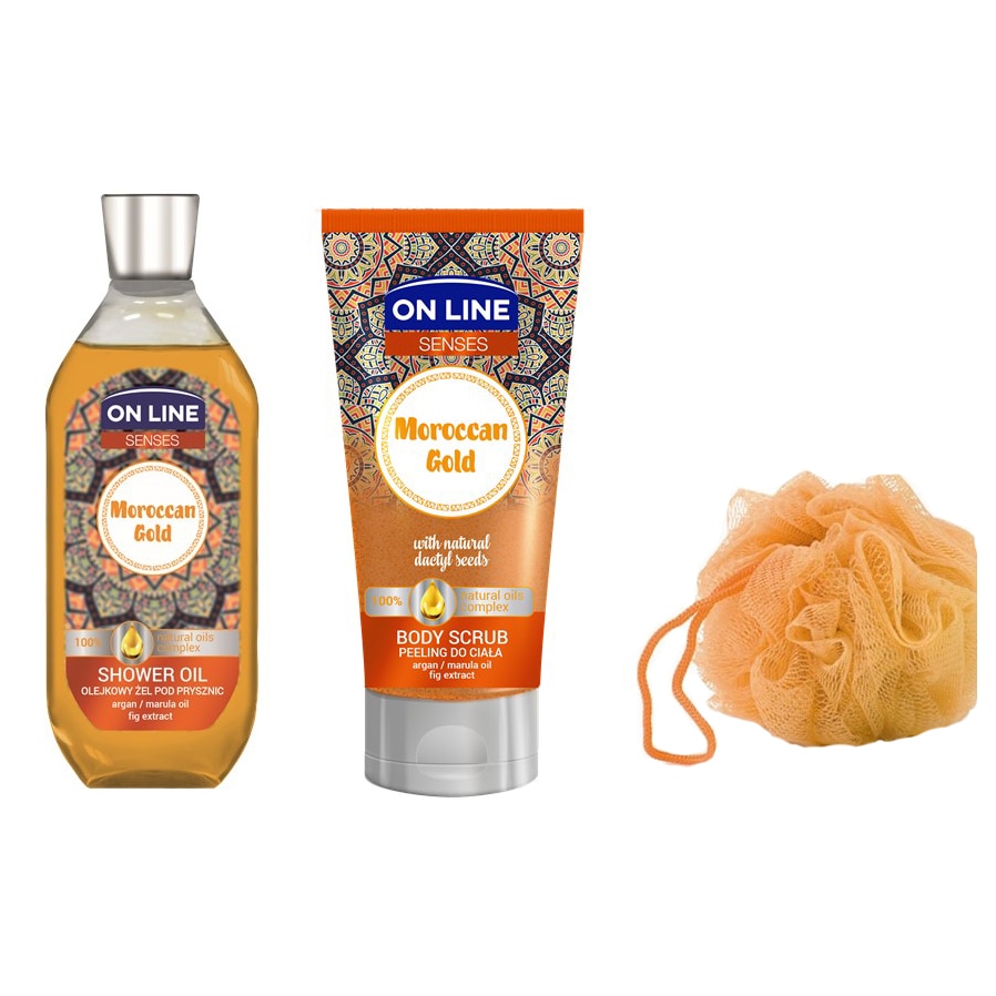 Pachet promo On Line Morocan Gold: Ulei de dus, 500 ml + Scrub pentru corp, 200 ml + Floare de masaj, 20 gr