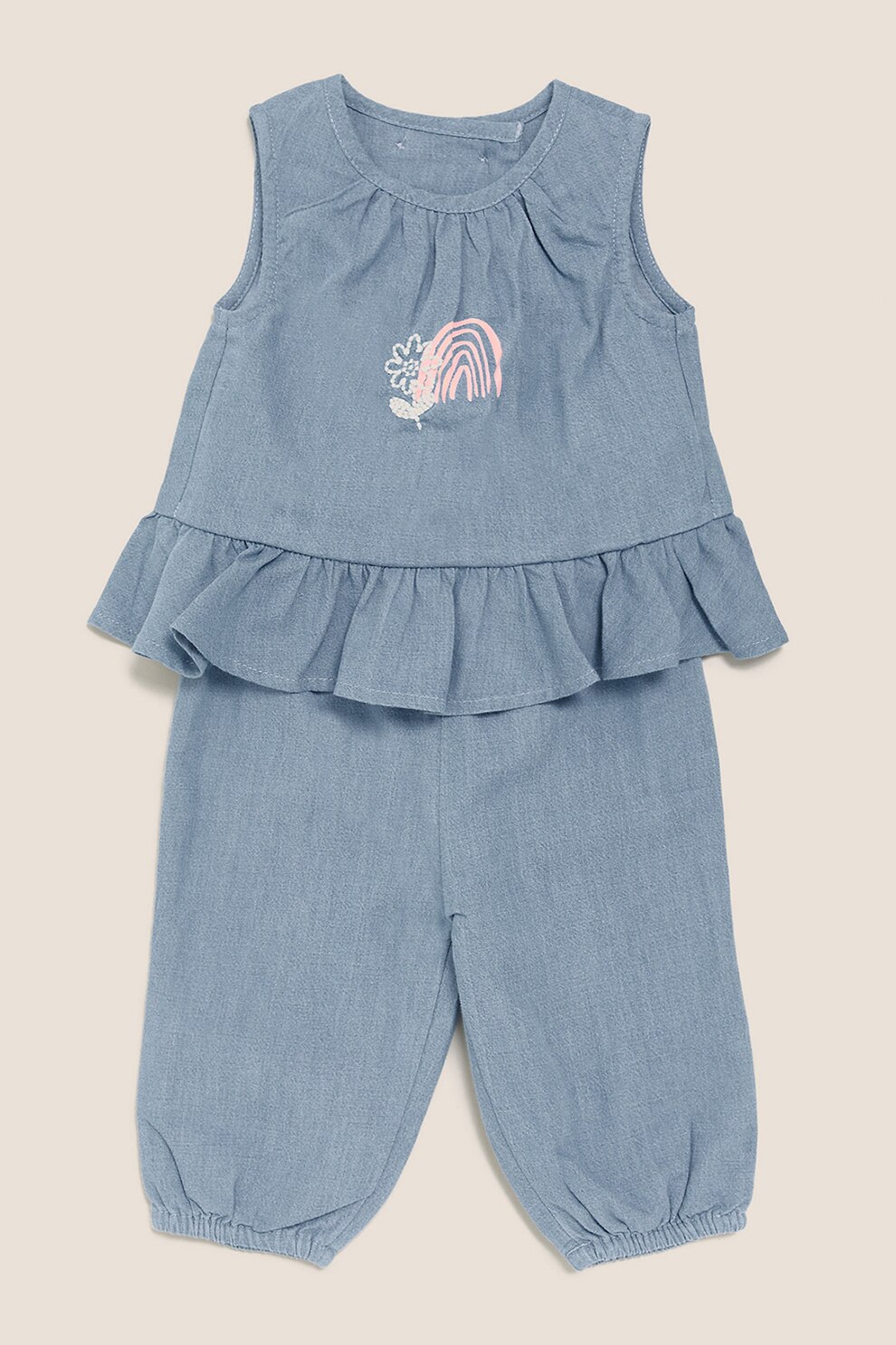 Marks & Spencer, Set de top si pantaloni de bumbac, Albastru prafuit