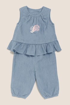 Marks & Spencer, Set de top si pantaloni de bumbac, Albastru prafuit Marks & Spencer, Set de top si pantaloni de bumbac, Albastru prafuit