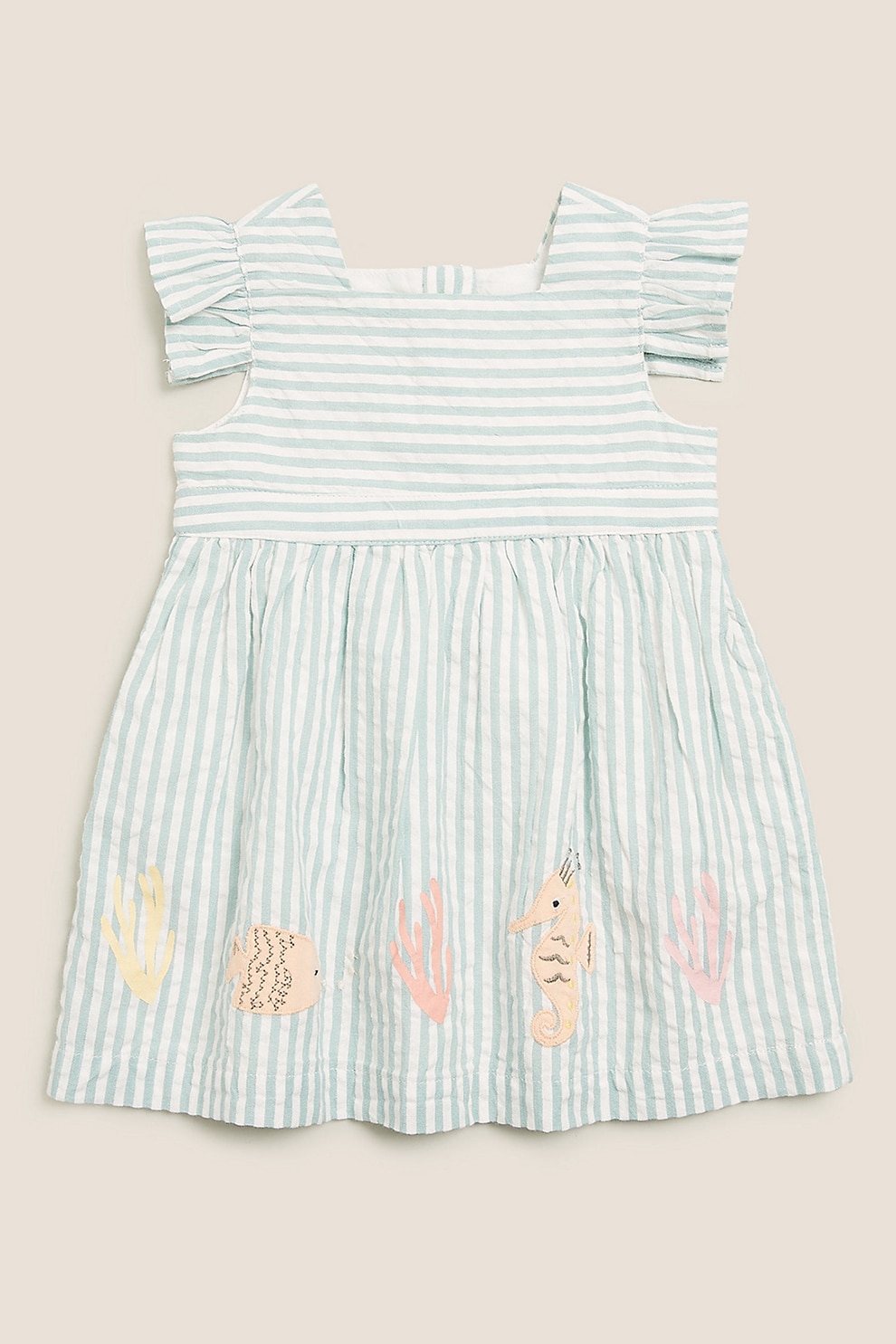 Marks & Spencer, Rochie in dungi cu volane, Alb/Verde pal