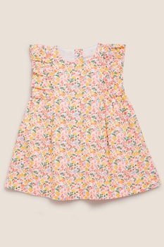 Marks & Spencer, Rochie de bumbac cu imprimeu floral, Alb/Roz somon/Verde feriga Marks & Spencer, Rochie de bumbac cu imprimeu floral, Alb/Roz somon/Verde feriga