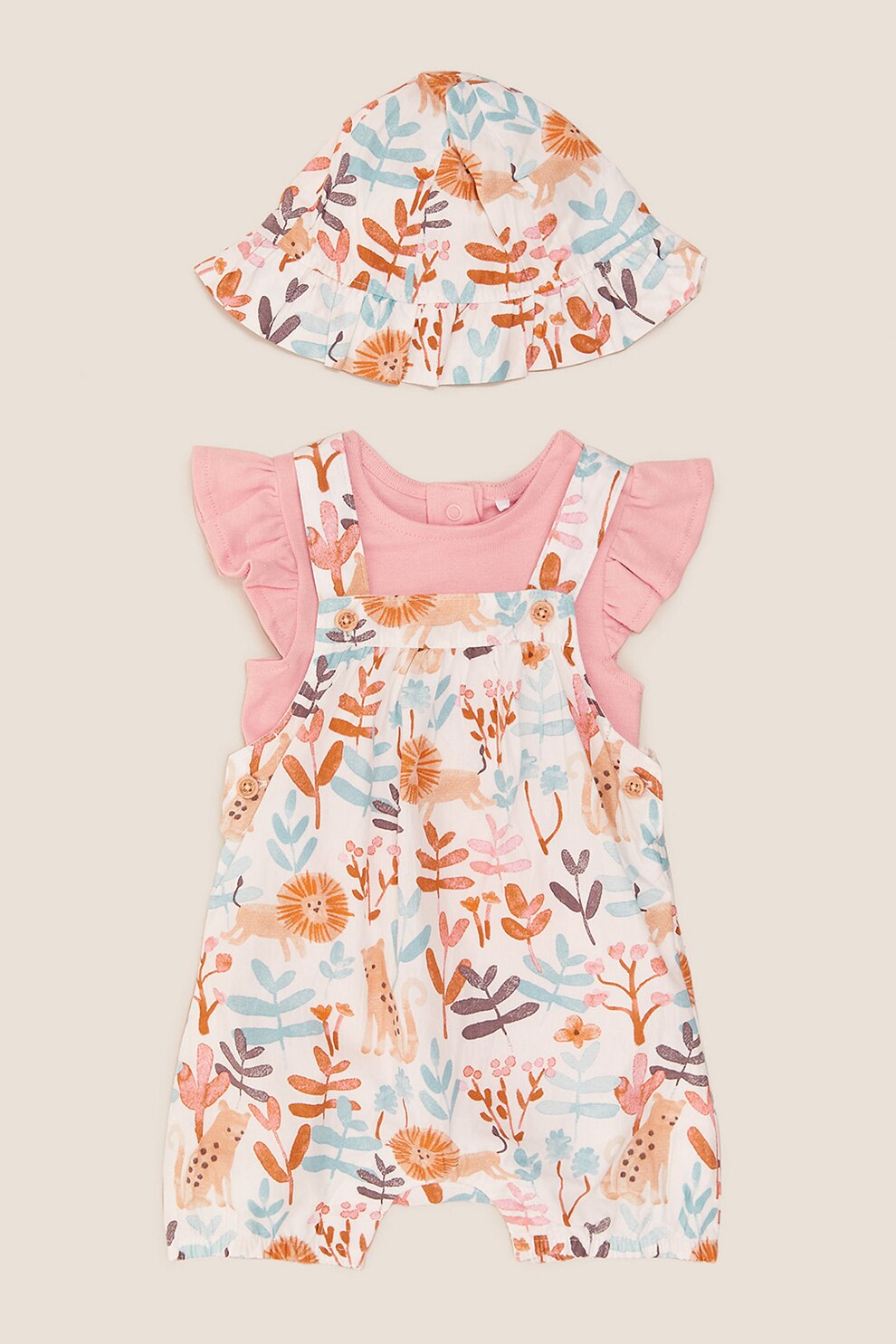 Marks & Spencer, Set 3 piese cu body, salopeta si palarie, fete, cu imprimeu safari, Roz pastel/alb/albastru pastel, Roz pastel/alb/albastru pastel, 54 CM