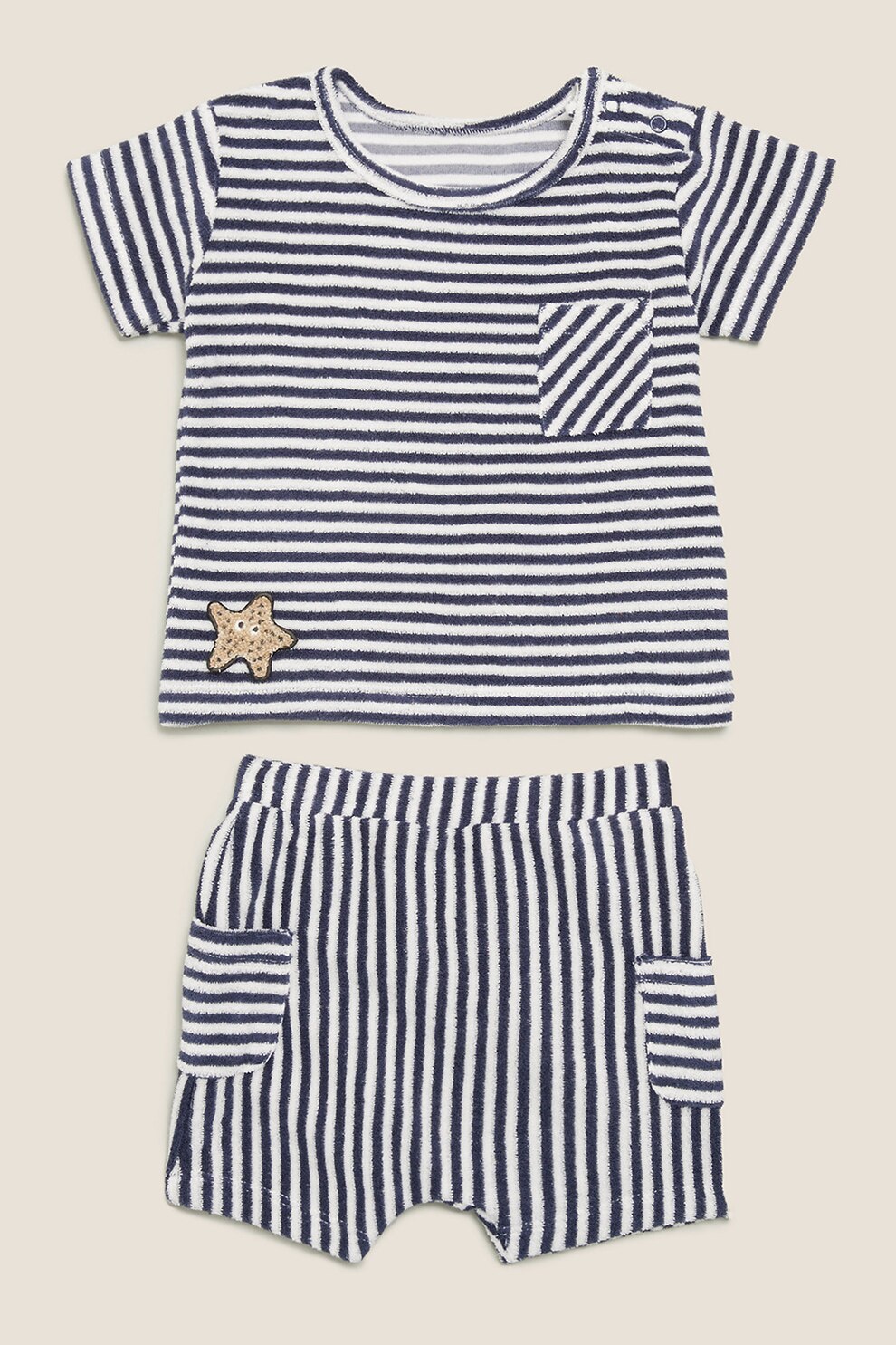 Marks & Spencer, Set de tricou din terry in dungi si pantaloni scurti, bleumarin inchis, alb