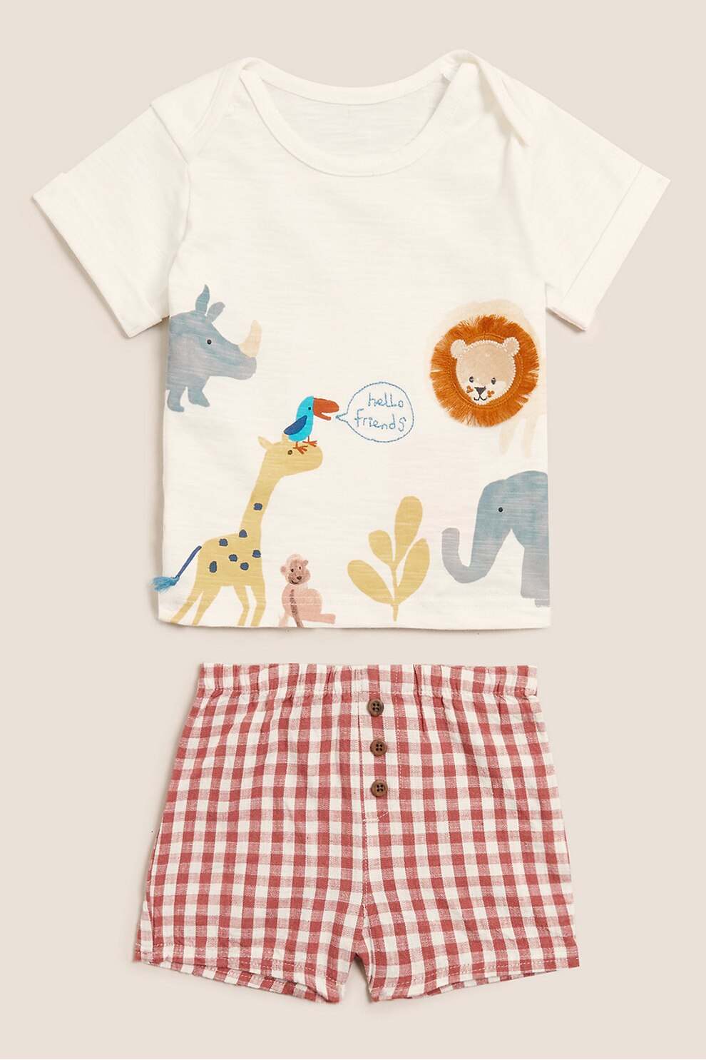 Marks & Spencer, Set 2 piese, tricou si pantaloni scurti, imprimeu animale, Alb/Rosu/Camel, Alb/Rosu inchis/Camel