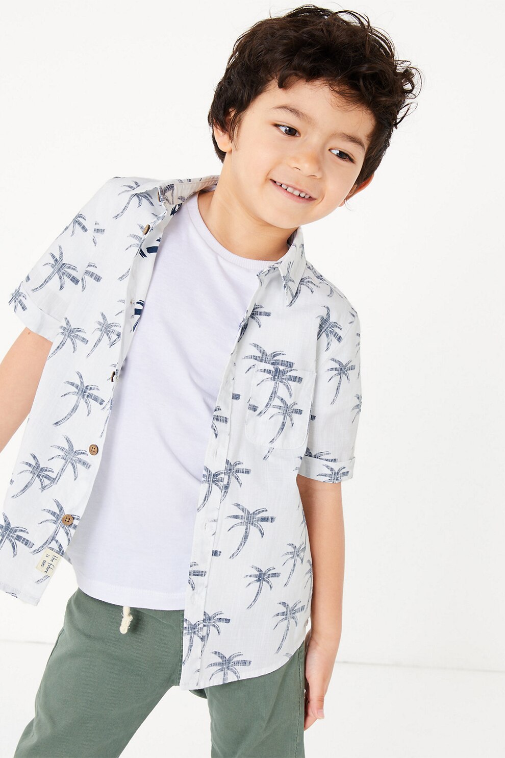 Marks & Spencer, Camasa de bumbac cu imprimeu si maneci scurte, Alb/Bleumarin, 110-116 CM