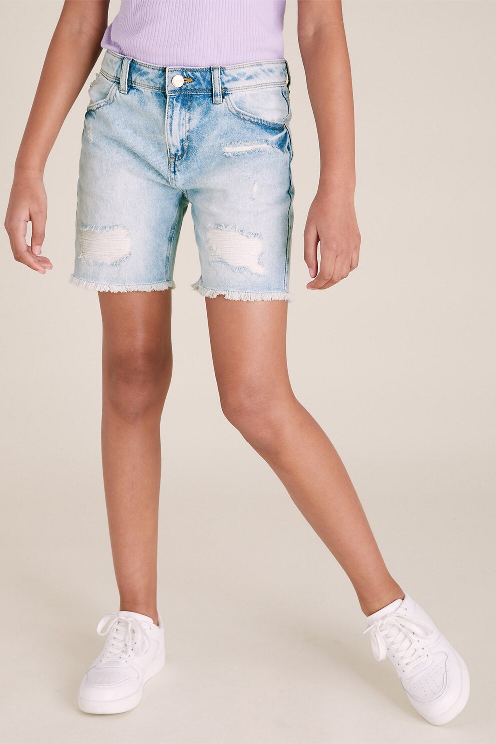 Marks & Spencer, Pantaloni scurti de denim, regular fit, cu detalii deteriorate, Albastru inchis/Albastru pastel