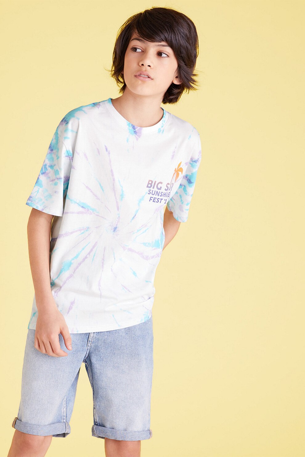 Marks & Spencer, Tricou cu decolteu la baza gatului si model tie dye, Alb/Albastru aqua/Violet prafuit