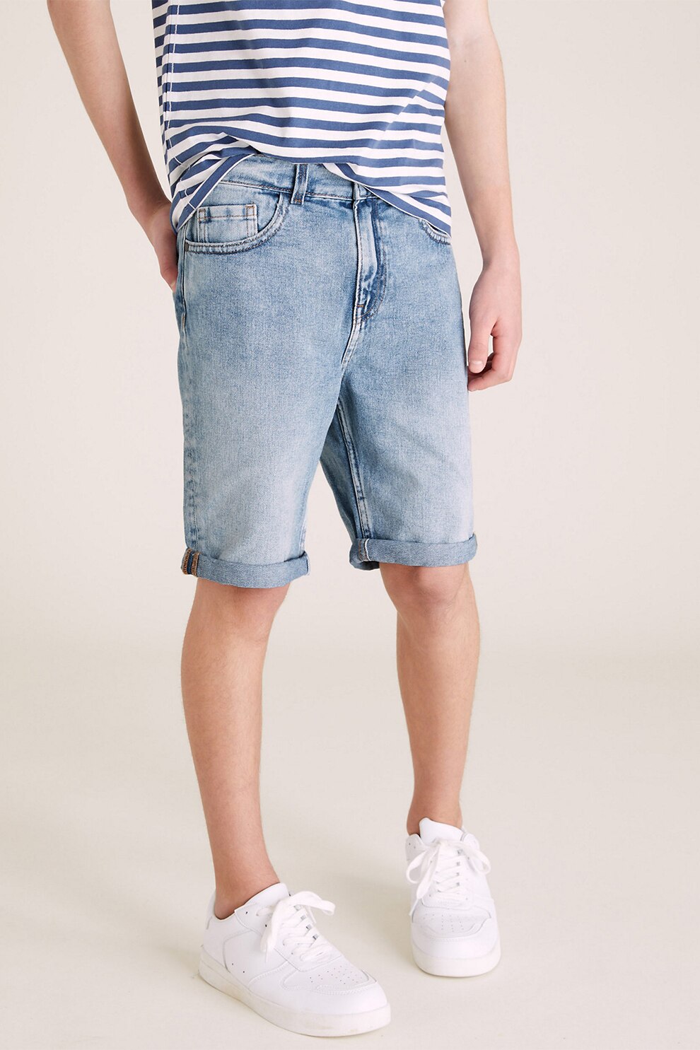 Marks & Spencer, Bermude de denim cu buzunare, Albastru/Alb
