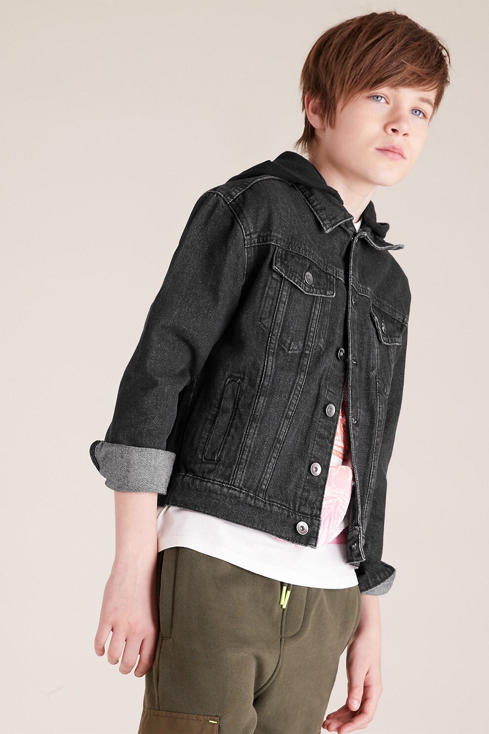 Marks & Spencer, Jacheta de denim cu gluga, Negru/Gri deschis