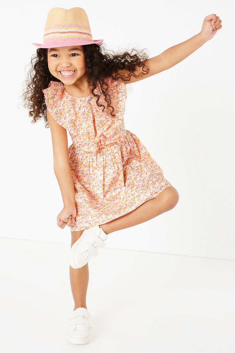 Marks & Spencer, Rochie cu imprimeu si volane, Alb/Galben sofran/Oranj, 90-98 CM