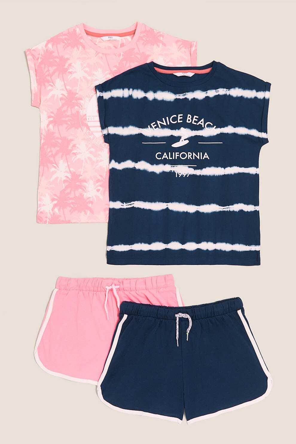 Marks & Spencer, Set 2 pijamale cu model tie-dye, Roz/Bleumarin/Alb, Roz/Bleumarin/Alb, 146-152 CM