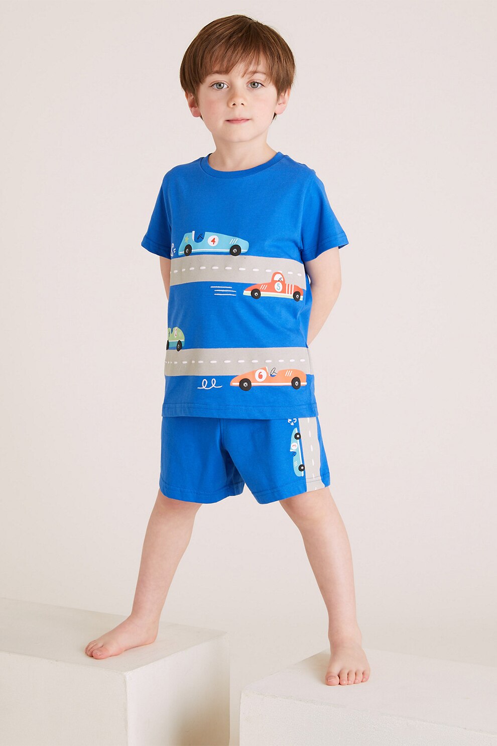 Marks & Spencer, Pijama cu maneci scurte si masinute, Albastru/Gri/Corai