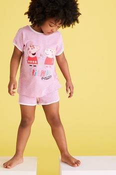 Marks & Spencer, Pijama cu maneci scurte si broderie cu Peppa Pig, Roz/Negru/Alb, 90-98 CM Marks & Spencer, Pijama cu maneci scurte si broderie cu Peppa Pig, Roz/Negru/Alb, 90-98 CM
