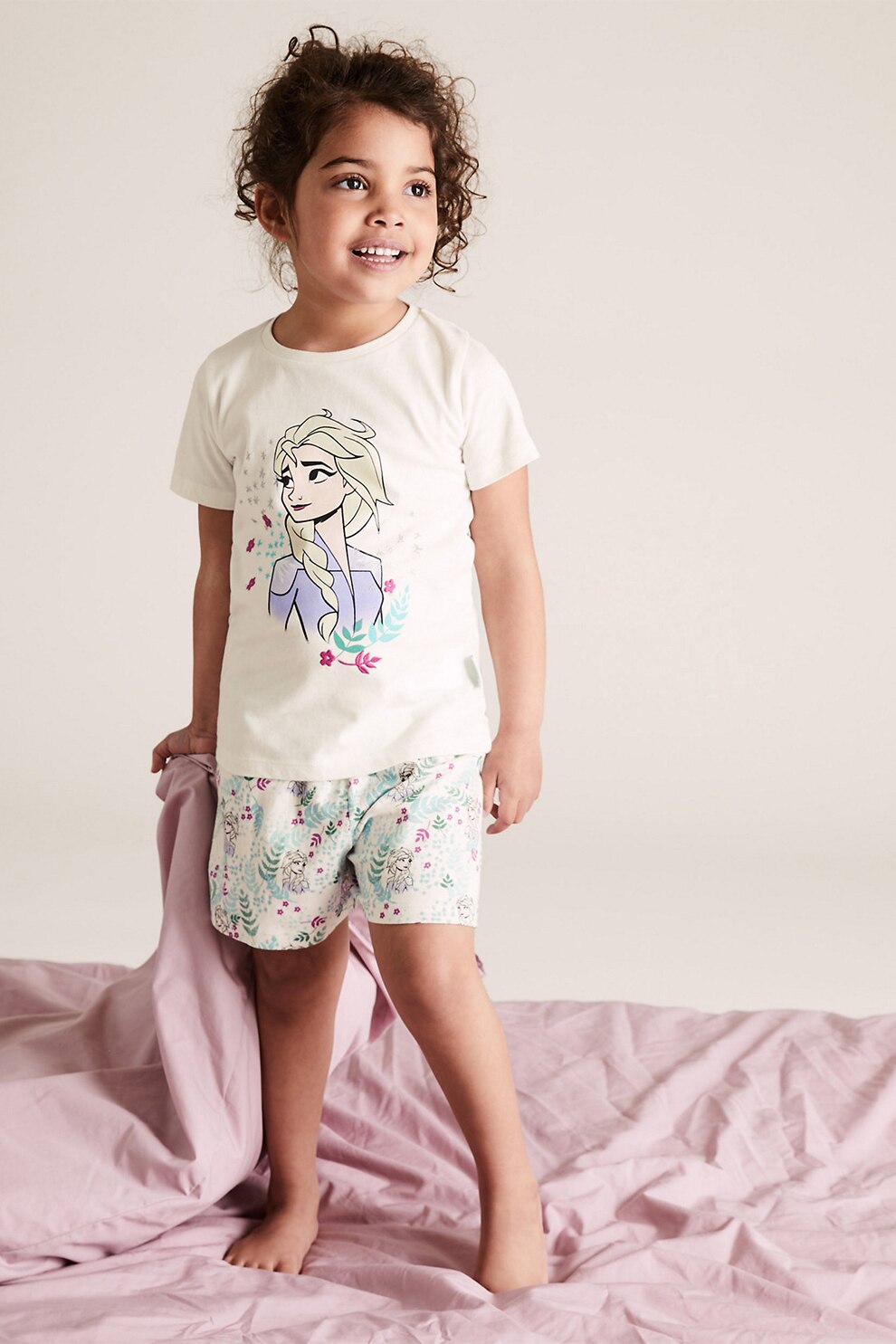 Marks & Spencer, Pijama scurta cu imprimeu, Alb prafuit/Verde pal/Albastru azur