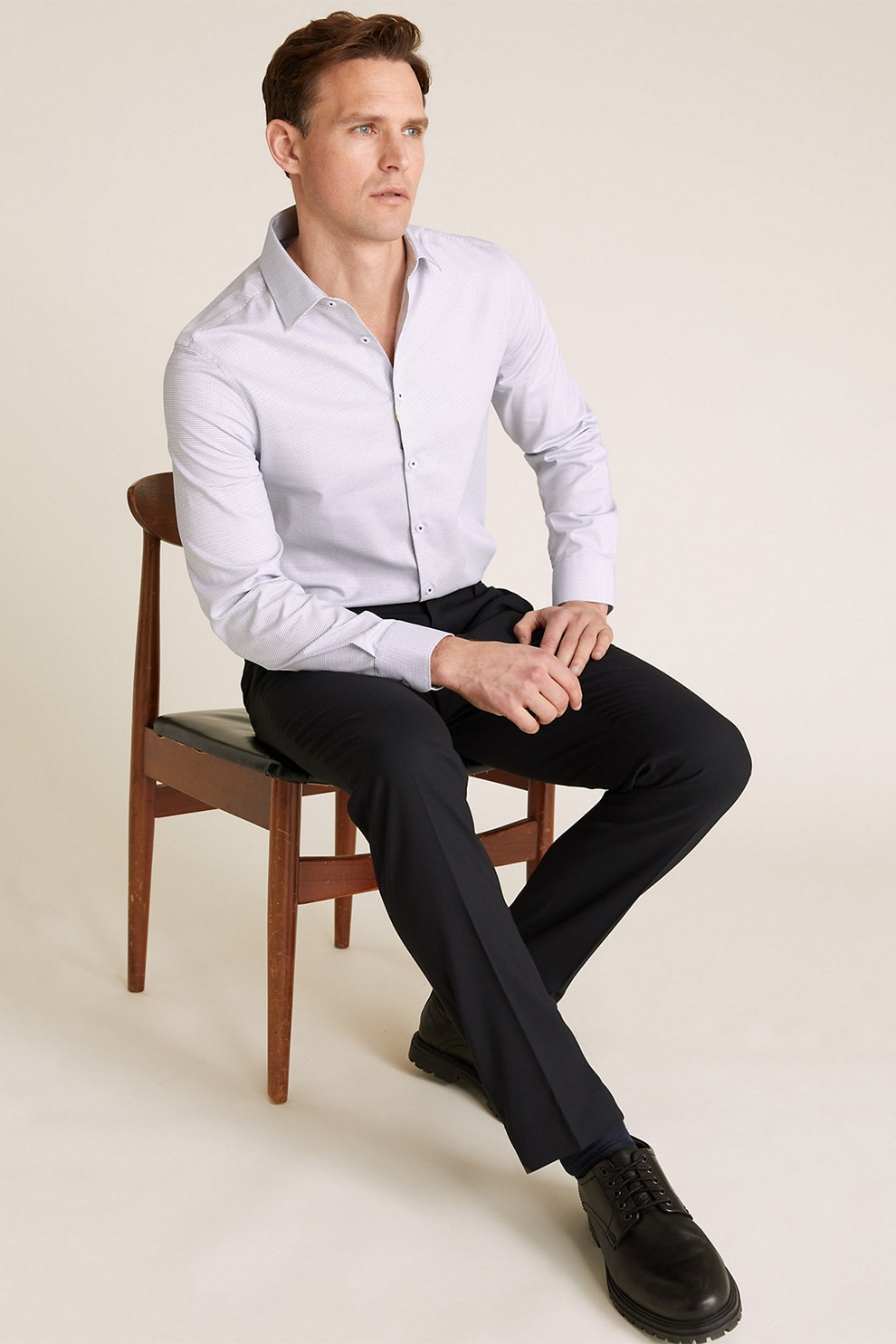 Marks & Spencer, Camasa slim fit din amestec de bumbac, Alb/Albastru indigo