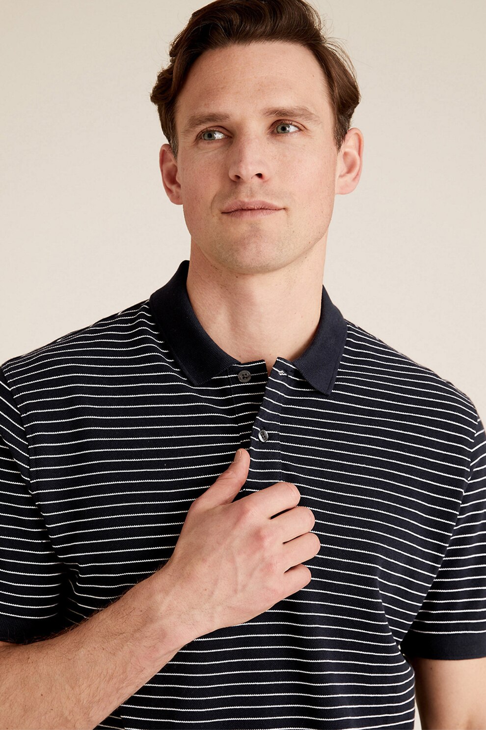 Marks & Spencer, Tricou polo regular fit in dungi, bleumarin inchis, alb, S