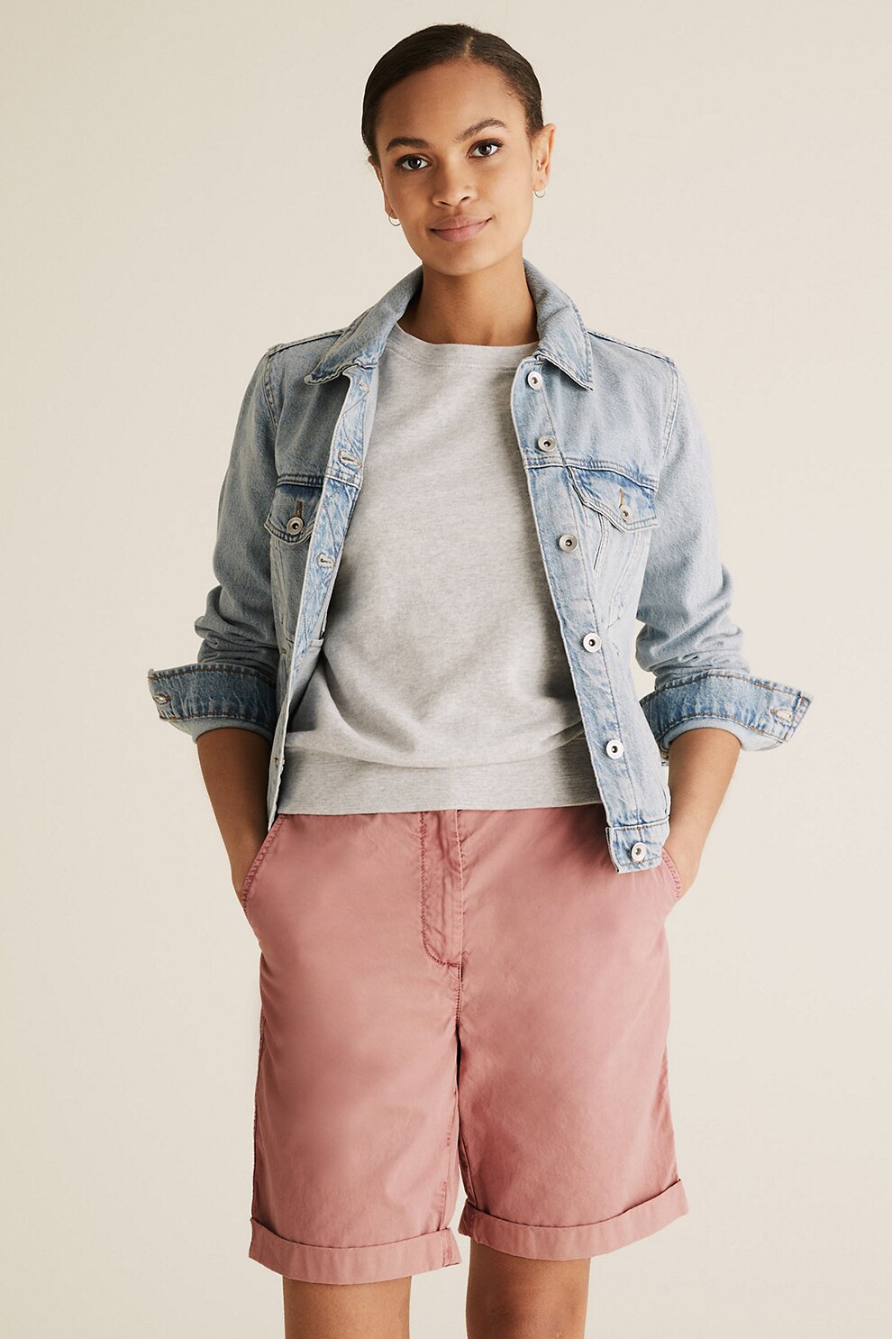 Marks & Spencer, Pantaloni chino scurti cu talie inalta, Roz prafuit