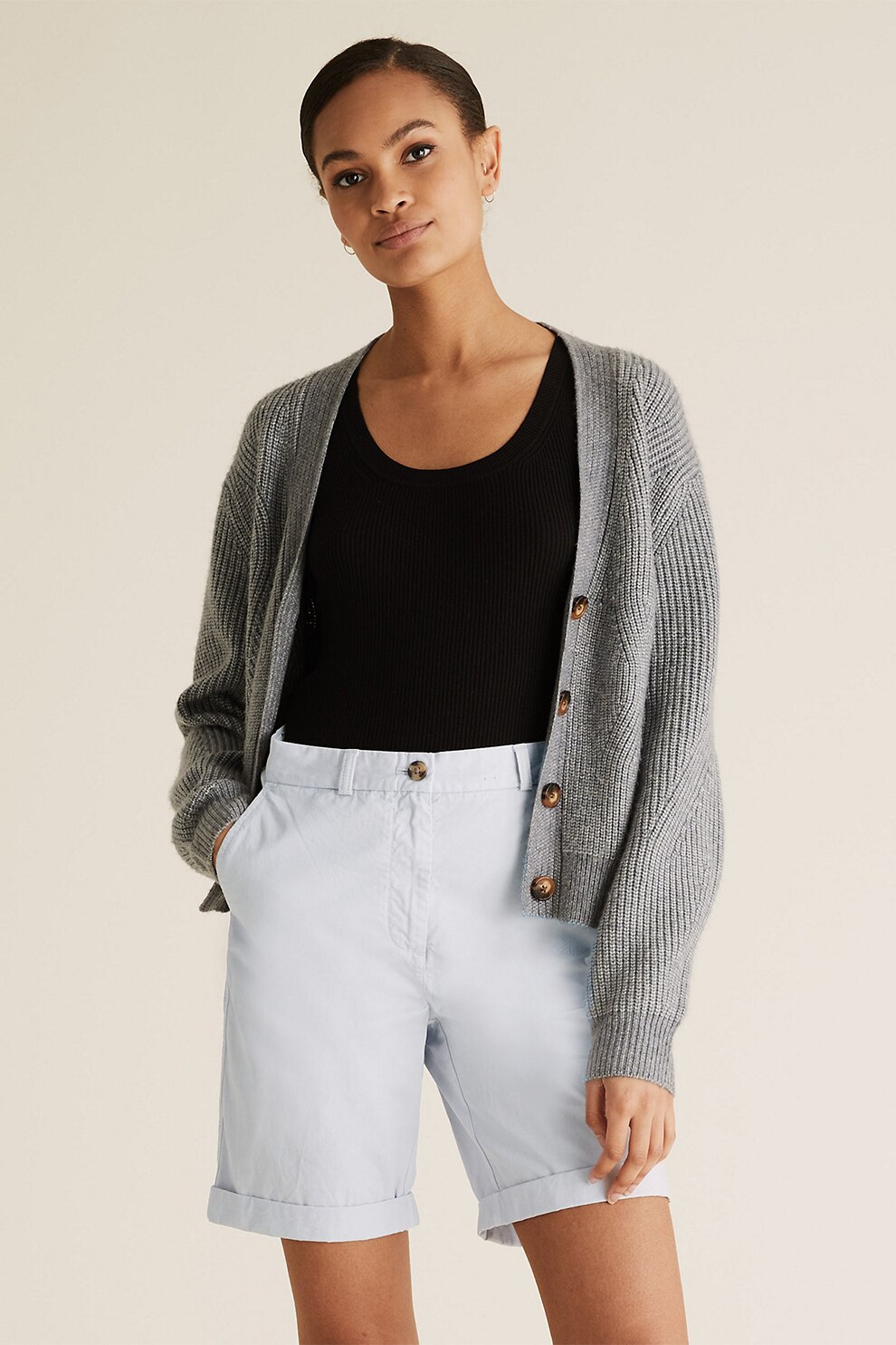 Marks & Spencer, Pantaloni chino scurti cu talie inalta, Albastru pastel