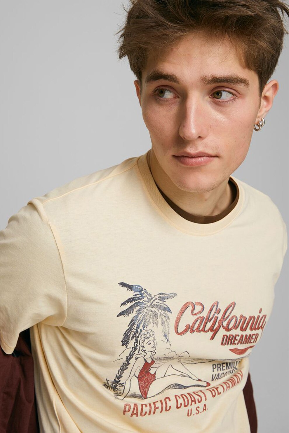 Jack&Jones, Tricou cu imprimeu grafic, Galben pal/Bordeaux/Gri inchis