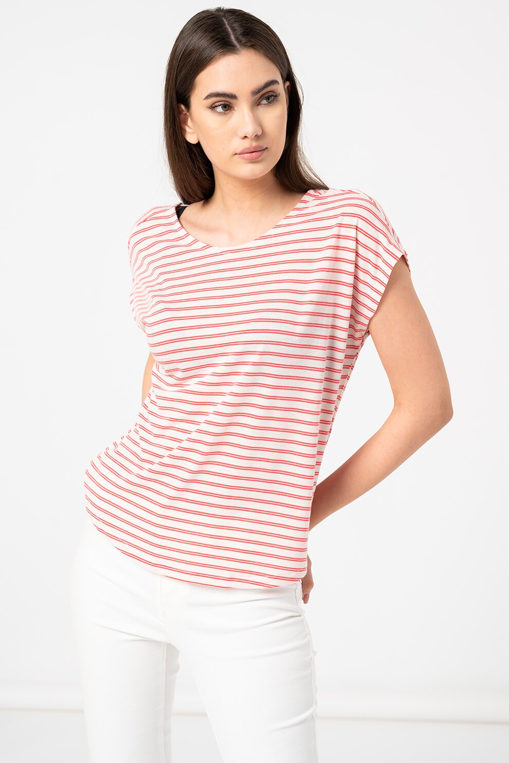 Vero Moda, Tricou in dungi cu design incrucisat pe spate Alona, Alb/Roz